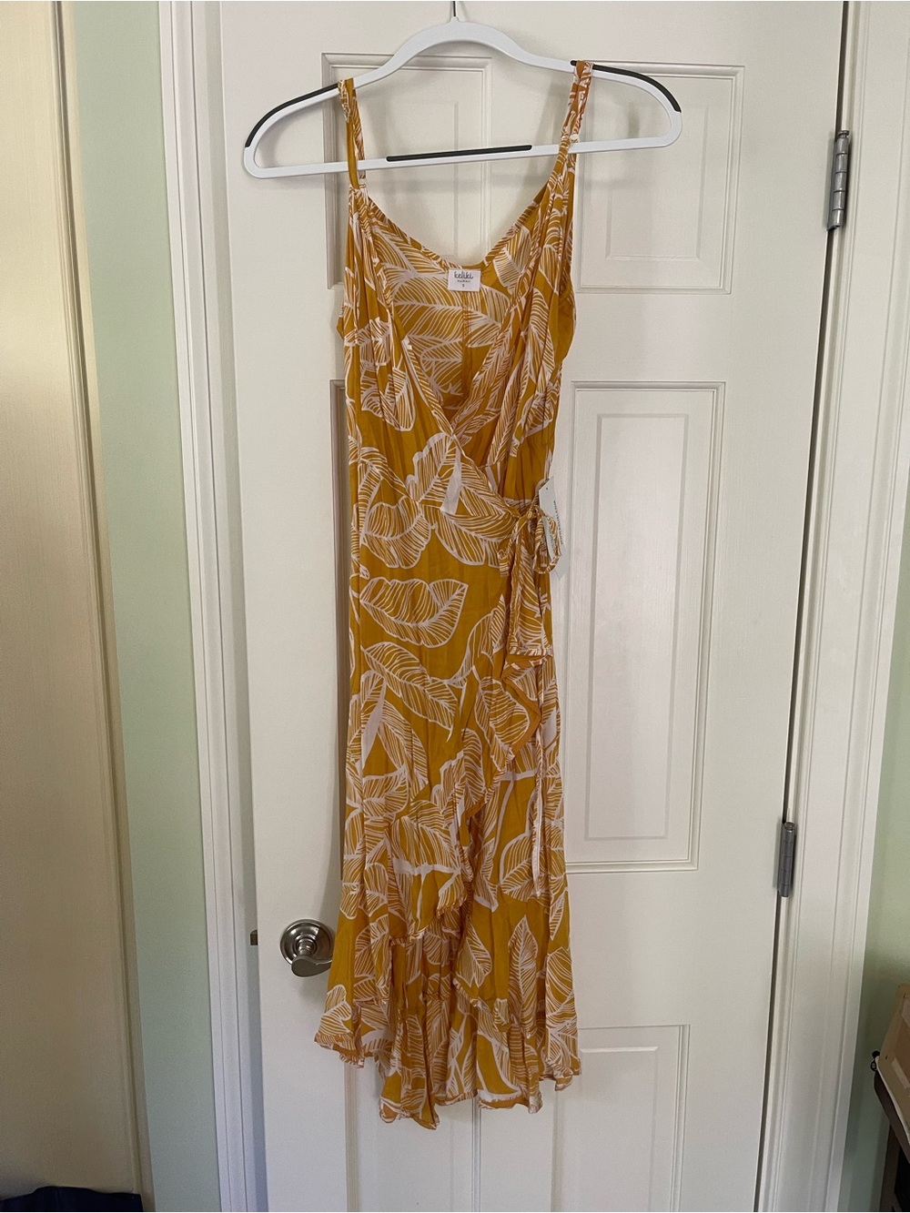 Mustard Yellow Wrap Maxi Dress with White Tropical Leaf Print